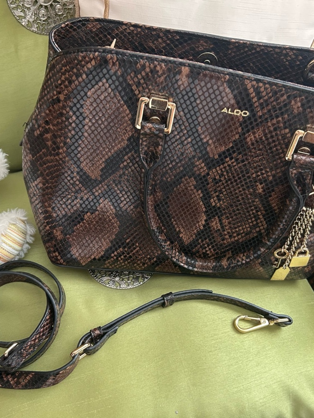 ALDO Black and Brown Snake-Print Shoulder Bag with Gold Hardware - Picture 2 of 7